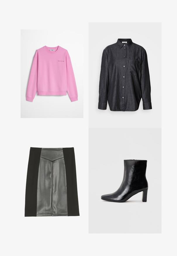 Sweatshirt rose clair à col rond avec poignets et ourlet côtelés, arborant un petit texte en cursive « keep on moving » sur le côté gauche de la poitrine.; Chemise à manches longues gris foncé en tissu léger, avec un devant à boutons, un col et une poche poitrine unique.; Anna Field Jupe trapèze - black; Bottine noire en cuir brillant, avec un bout pointu et un talon carré moyen, présentant une texture lisse et un design simple.