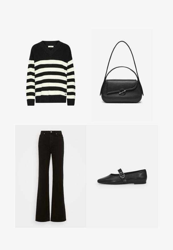 Pull à rayures noir et blanc avec un col en V, texture côtelée, manches longues et un petit logo en bas. Fabriqué en matière tricotée.; Jean évasé noir taille haute en denim, avec une fermeture à bouton, des poches latérales et une texture lisse.; Chaussure plate en cuir noir avec un bout arrondi, une seule sangle réglable à boucle et une texture lisse et brillante. Design minimaliste avec un petit talon.; Sac à main en cuir noir avec bords arrondis, rabat asymétrique, fermoir circulaire en métal, et des bandoulières courtes et longues.