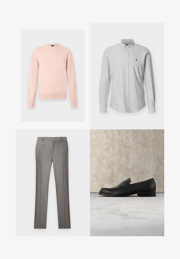Pull rose clair à manches longues avec col rond, poignets et ourlet côtelés, avec un petit patch logo discret sur la poitrine gauche.; Chemise gris clair à boutons avec un col structuré, ornée d'un petit logo brodé sur la poitrine et des manches longues avec poignets boutonnés.; Pantalon de costume gris clair avec passants pour ceinture et plis marqués à l'avant, présenté à plat sur un fond blanc.; Mocassin en cuir noir flottant au-dessus d'un tapis beige avec une table ronde brune brillante en arrière-plan.