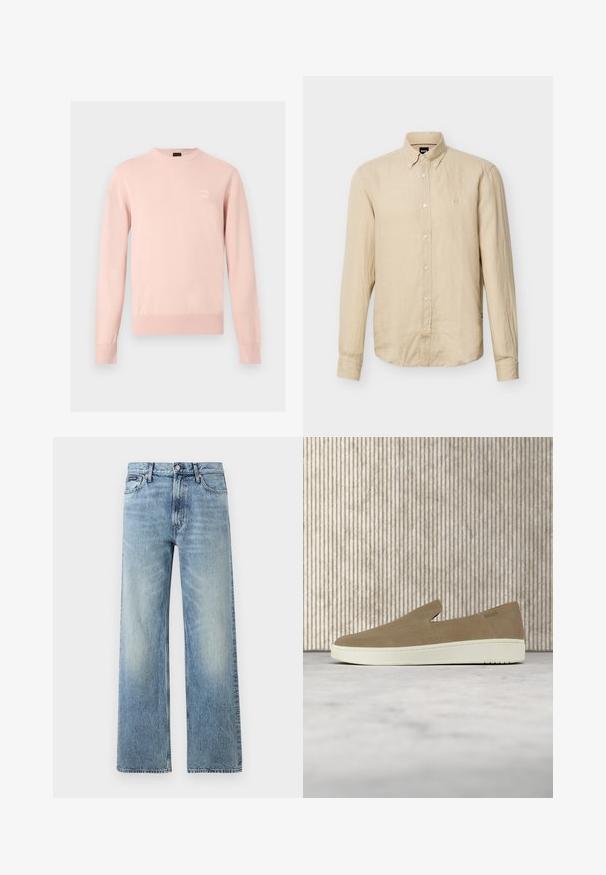 Pull rose clair à manches longues avec col rond, poignets et ourlet côtelés, avec un petit patch logo discret sur la poitrine gauche.; Chemise beige à manches longues avec boutons, col boutonné et petit logo brodé sur le côté gauche de la poitrine.; Jean droit en denim bleu clair avec taille haute, cinq poches, fermeture à boutons et léger délavage sur les cuisses et les genoux.; Chaussure beige sans lacets avec semelle blanche, présentée en suspension sur un tapis clair avec un mobilier transparent de couleur ambre en arrière-plan.