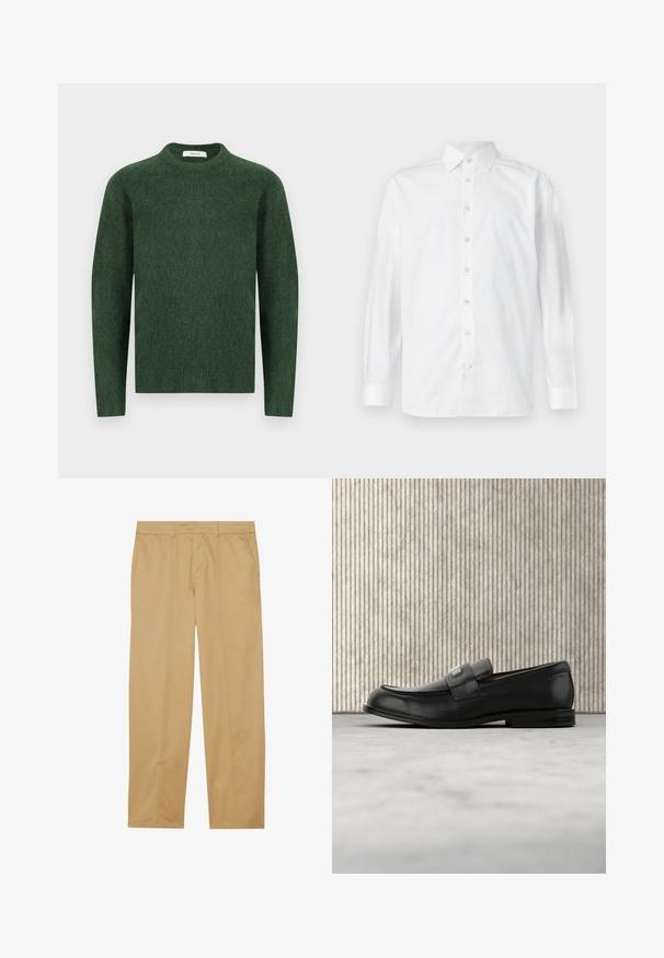 Suéter verde de punto con escote redondo, mangas largas y una tela texturizada. Diseño simple, sin patrones ni acentos visibles.; Camisa de vestir blanca de manga larga con botones, cuello abierto y puños abotonados, mostrada sobre un fondo blanco liso.; Pantalones caqui hechos de una tela suave, con un diseño de pierna recta, dos bolsillos frontales y detalles de costura limpios y mínimos.; Mocasín de cuero negro con una placa metálica de marca apoyado cerca de una mesa redonda marrón sobre un suelo alfombrado beige.