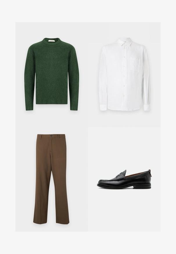 Pull en maille vert avec un col rond, des manches longues et un tissu texturé. Design simple, sans motifs ni accents visibles.; Chemise blanche à manches longues, boutonnée, avec col et poche poitrine, présentée sur un fond clair.; Pantalons marron à jambes droites en tissu texturé, avec une fermeture à bouton et une taille standard, dotés de poches latérales et de coutures ajustées.; Mocassin homme en cuir noir avec couture moc toe, bride penny, col texturé et petit talon empilé sur fond blanc.