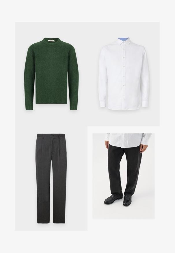 Suéter verde de punto con escote redondo, mangas largas y una tela texturizada. Diseño simple, sin patrones ni acentos visibles.; Camisa blanca de manga larga con botones al frente, con un patrón a cuadros azul claro en el interior del cuello y los puños. Textura de tela suave.; Pantalones grises ajustados con un corte recto, que presentan un plisado frontal, cremallera y cierre de botón. Textura suave, diseño clásico.; Pantalones de mezclilla negros combinados con mocasines negros brillantes. La camisa es blanca con finas rayas verticales, de mangas largas y con cuello abotonado.