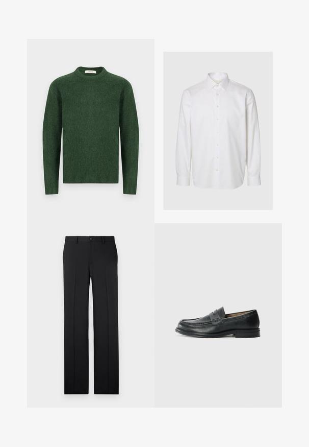 Grøn strikket sweater med rund halsudskæring, lange ærmer og en tekstureret stof. Simpelt design, ingen synlige mønstre eller accenter.; Hvid langærmet skjorte lavet af bomuld, med klassisk krave, knapper foran og knapper ved manchetterne. Glat tekstur uden synlige mønstre.; Sorte, skræddersyede bukser med lige ben, glat stof, pressefolder foran og en enkelt knaplukning i taljen.; Sorte læder loafers med et klassisk design, der har en syet detalje ved tåen og en lav, tekstureret gummisål.