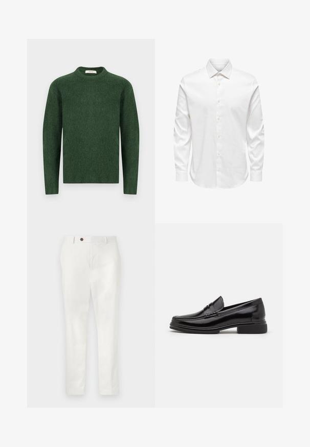 Grøn strikket sweater med rund halsudskæring, lange ærmer og en tekstureret stof. Simpelt design, ingen synlige mønstre eller accenter.; Hvid herreskjorte med lange ærmer, spids krave og række af hvide knapper foran på ensfarvet baggrund.; Hvide bukser lavet af letvægtsstof, med lige ben, en enkelt brun knap i taljen og minimalistisk stil.; Sorte læder loafers med en rund tå, der har en syet detalje over vristen og en lav blokhæl. Glat tekstur og blank finish.