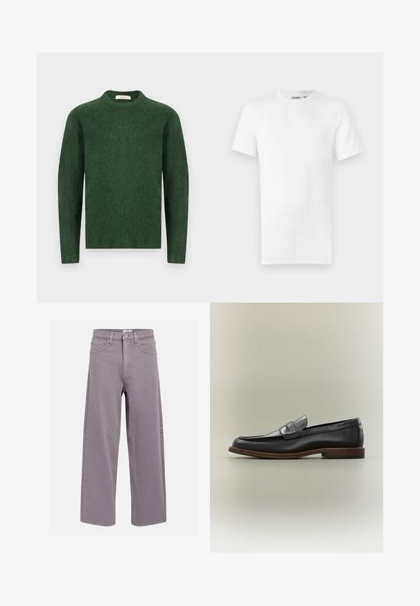 Grøn strikket sweater med rund halsudskæring, lange ærmer og en tekstureret stof. Simpelt design, ingen synlige mønstre eller accenter.; Hvid, kortærmet T-shirt med rund hals og et lille brandlabel inde i kraven, vist på en hvid baggrund.; Lige-lige lavendelgrå jeans med front- og baglommer, bæltestropper og knaplukning ved taljen.; Sort læder penny loafer med brun sål og lav hæl, vist fra siden på en neutral baggrund.