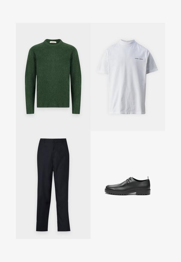 Grøn strikket sweater med rund halsudskæring, lange ærmer og en tekstureret stof. Simpelt design, ingen synlige mønstre eller accenter.; Hvid bomulds t-shirt med høj halsudskæring og korte ærmer. Har "SAMSØE SAMSØE" logo i sort på forsiden. Glat tekstur.; Marineblå bukser lavet af glat stof, med lige ben design, en enkelt knaplukning og subtile forfald i fronten.; Sorte lædersko med en glat overflade, rund tå og dekorativ stikning. Har en gummisål med skridsikre spor og snørebåndsdesign.