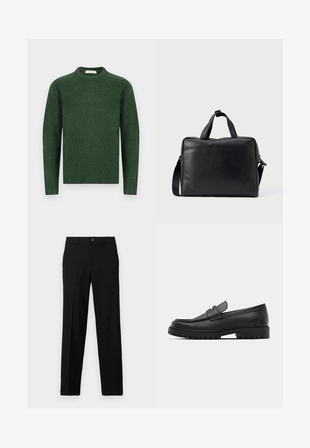 Pull en maille vert avec un col rond, des manches longues et un tissu texturé. Design simple, sans motifs ni accents visibles.; Pantalon noir en tissu lisse, avec une coupe droite, une fermeture à bouton à la taille, et sans motifs ni accents visibles.; Mocassins en cuir noir à bout arrondi, avec un design cousu, une semelle plateforme basse et une semelle en caoutchouc texturée et crantée.; Sac de voyage en cuir noir de forme rectangulaire, avec deux poignées, une bandoulière amovible et des ornements minimalistes.