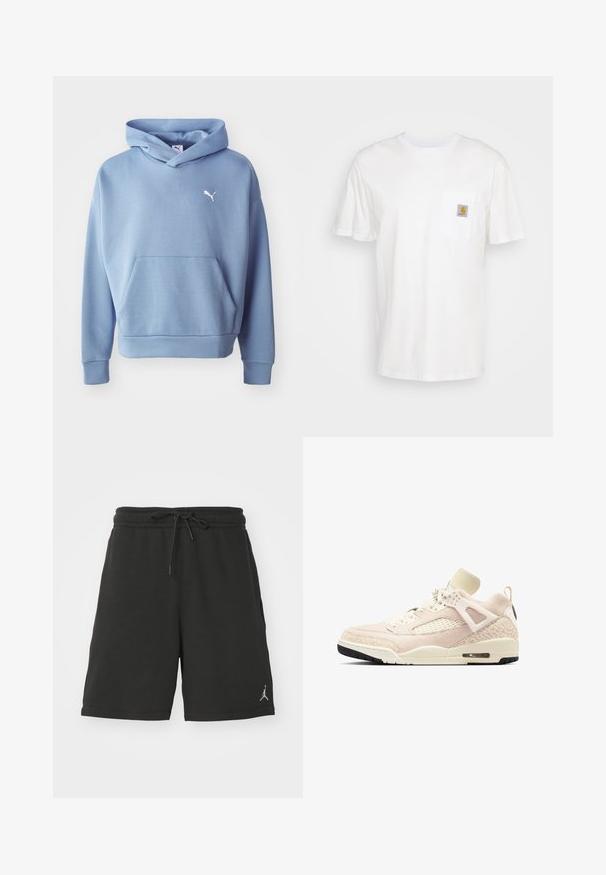 Blauer Kapuzenpullover aus weichem Stoff. Verfügt über eine Fronttasche, gerippte Bündchen und ein kleines weißes Logo auf der Brust.; Weißes Baumwoll-T-Shirt mit kurzen Ärmeln, einer Brusttasche und einem kleinen quadratischen Logopatch in Orange und Weiß auf der Tasche.; Schwarze Sportshorts aus weichem Material, mit einem elastischen Bund und Kordelzug, seitlichen Taschen und einem kleinen Logo am linken Bein.; Cremfarbener Wildleder-Low-Top-Sneaker mit Mesh-Seitenteil, gemusterten Akzenten an Ferse und Zehen, sichtbarer Luftsohle und Schnürverschluss.