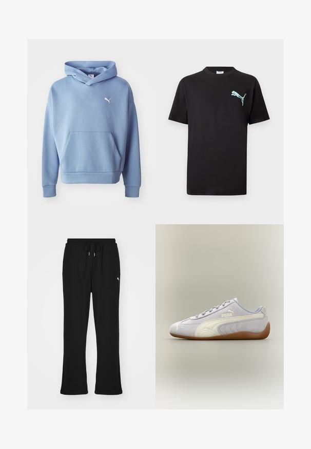 Blauer Kapuzenpullover aus weichem Stoff. Verfügt über eine Fronttasche, gerippte Bündchen und ein kleines weißes Logo auf der Brust.; Schwarzes kurzärmliges T-Shirt mit kleinem hellblauem Puma-Logo auf der linken Brust vor weißem Hintergrund.; Schwarze Jogginghosen mit elastischem Bund und Kordelzug, ausgestattet mit Seitentaschen und einem dezenten Logo am linken Bein. Weicher Stoff, schmal zulaufende Form.; Hellgrauer Puma Veloursledersneaker mit weißem Streifendetail und Gummisohle, von der Außenseite vor neutralem Hintergrund betrachtet.