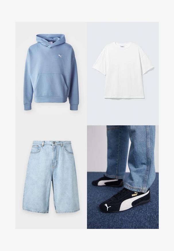 Blauer Kapuzenpullover aus weichem Stoff. Verfügt über eine Fronttasche, gerippte Bündchen und ein kleines weißes Logo auf der Brust.; Weißes oversized T-Shirt mit kurzen Ärmeln und Rundhalsausschnitt mit eingesetzten Schultern, flach auf hellgrauem Hintergrund.; Hellblaues Denim-Shorts mit lockerer Passform, ausgestattet mit zwei Fronttaschen, einem Reißverschluss und sichtbaren Nähten.; Schwarze Wildledersneaker mit weißen Akzenten und einem goldenen Logo. Getragen mit hellblauen Jeans und auf einer strukturierten blauen Oberfläche platziert.
