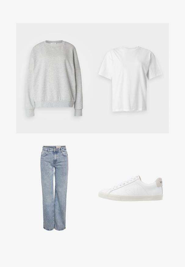 Hele hall sweatshirt pehmest kangast, ümmarguse kaelusega, langevate õlgadega ning soonikutega mansettide ja ääristega, millel on mugav lõike.; Lihtne valge lühikeste varrukatega ümarakaelusega t-särk, esitatud tasapinnal heledal hallil taustal.; Heledad sinine laia jalaeest, valmistatud denimist, kõrge vöökohaga, viie tasku disainiga ja kerge tuhmumisega, mis annab kulunud välimuse.; Valged nahast tossud, millel on tekstureeritud hallikas valge kummitald. Omadusteks on paelad, peene õmblusega detailid ja hall süstree padi kandadel.