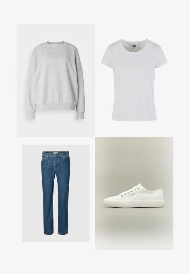 Hele hall sweatshirt pehmest kangast, ümmarguse kaelusega, langevate õlgadega ning soonikutega mansettide ja ääristega, millel on mugav lõike.; Valge, lühikeste varrukatega t-särk, mis on valmistatud puuvillast. Omab ümmargust kaelust ja liibuvat lõiget. Etikett ütleb "URBAN CLASSICS."; Sinised sirge säärega teksapüksid, ees nupud ja tõmblukk, vöölõngad ning ees- ja tagataskud.; Madal valge lõuendist toss tekstureeritud kummikontsa, valgete paelte ja väikese Calvin Klein sildiga küljes.