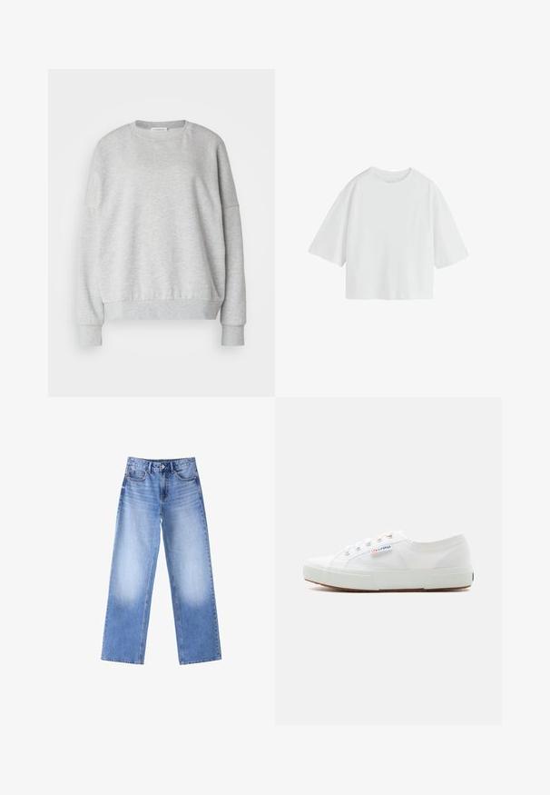 Hellgrauer Sweatshirt aus weichem Material, mit rundem Halsausschnitt, überschnittenen Schultern und gerippten Bündchen sowie Saum für eine entspannte Passform.; Schlichtes weißes oversized T-Shirt mit kurzen Ärmeln, rundem Ausschnitt und lockerem Schnitt.; Blaue Jeans mit hoher Taille, weiten geraden Beinen und ausgebleichten Bereichen an den Oberschenkeln, vorne mit Knöpfen und Taschen auf weißem Hintergrund.; Weißer niedriger Canvas-Sneaker mit weißer Gummisohle, Schnürsenkeln und „Superga“-Logo an der Seite.