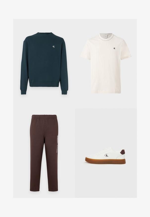 Mørkegrøn crewneck-sweatshirt lavet af bomuld med lange ærmer, ribbede manchetter og et lille hvidt logo på brystet. Glat tekstur.; Kortærmet off-white Calvin Klein t-shirt med rund hals og lille sort "cK" logo på venstre bryst.; Brune joggingbukser lavet af blødt stof, med elastisk taljebånd og en hvid logo trykt på venstre ben. Tætsiddende manchetter ved anklerne.; Hvide sneakers med en gummisål, flade snørebånd og en hæl-accent i brunt ruskind. Har et subtilt præget "cK" logo på siden.