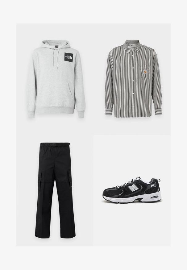 Grijze hoodie van katoenmix, met een kangoeroezak, een capuchon met trekkoord en een zwart logopatch op de borst.; Zwart-wit verticaal gestreept langwerpig shirt met een button-down kraag. Voorzien van een borstzak met een beige logo patch.; Zwarte cargobroek met een wijde pasvorm, een verstelbare tailleband met een gesp en twee zijzakken voor opslag. Lichtgewicht stof.; Zwarte en grijze sport schoenen met een bovenwerk van mesh en suede, voorzien van een witte tussenzool, veters en een gedurfde "N"-logo aan de zijkant.