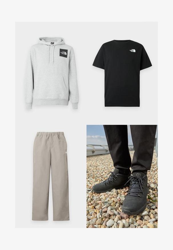 Grauem Hoodie aus Baumwollmischung, mit Kängurutasche, Kordelzugkapuze und einem schwarzen Logopatch auf der Brust.; Schwarzes Baumwoll-T-Shirt mit kurzen Ärmeln, Rundhalsausschnitt und weißem Logo auf der linken Brust. Einfaches, schmuckloses Design.; Beige gerade geschnittene Hose mit elastischem Bund und kleinem weißem Logo an der rechten Seitennaht.; Schwarze Wanderschuhe aus strukturiertem Leder, mit robusten Schnürsenkeln und einem gepolsterten Knöchelkragen, getragen mit dunklen Hosen auf einem kieseligen Untergrund.