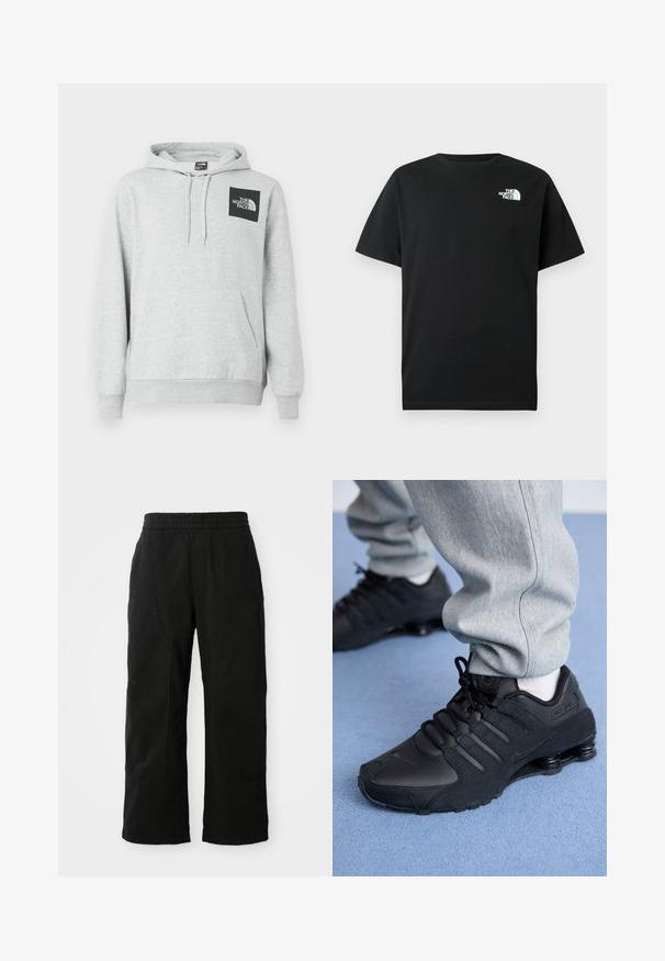 Grauem Hoodie aus Baumwollmischung, mit Kängurutasche, Kordelzugkapuze und einem schwarzen Logopatch auf der Brust.; Schwarzes Baumwoll-T-Shirt mit kurzen Ärmeln, Rundhalsausschnitt und weißem Logo auf der linken Brust. Einfaches, schmuckloses Design.; Schwarze Baumwollhosen mit einem elastischen Bund, weitem Beinansatz und großen Seitentaschen. Der Stoff wirkt weich mit einer glatten Textur.; Person in schwarzen Nike Shox Sneakers und grauen Jogginghosen, der auf einem hellblauen Teppich steht.