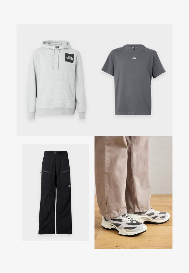 Grijze hoodie van katoenmix, met een kangoeroezak, een capuchon met trekkoord en een zwart logopatch op de borst.; Grijs T-shirt met korte mouwen en ronde hals, met een klein wit The North Face-logo gecentreerd op de borst.; Zwarte outdoorbroek met verstelbare riem, twee met rits afsluitbare dijbeenzakken en het The North Face-logo op het rechterbeen.; Persoon in beige wijde broek en grijs-witte sport sneakers staat op houten vloer.