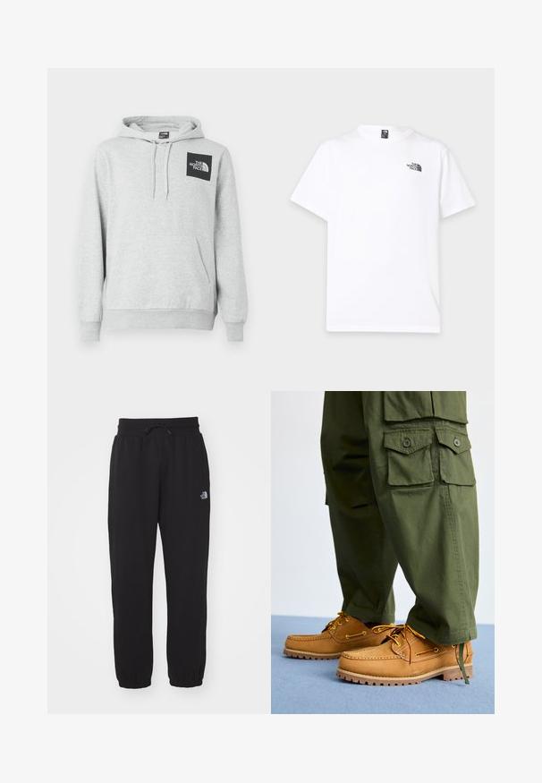Grauem Hoodie aus Baumwollmischung, mit Kängurutasche, Kordelzugkapuze und einem schwarzen Logopatch auf der Brust.; Weißes kurzärmeliges T-Shirt mit rundem Ausschnitt und kleinem schwarzen The North Face-Logo auf der oberen linken Brust.; Schwarze Jogginghose aus weichem Stoff, mit einem elastischen Bund und Kordelzug, Bündchen an den Knöcheln und einem kleinen Logo am Oberschenkel.; Timberland AUTHENTIC 3 EYE - Bootsschuh - wheat