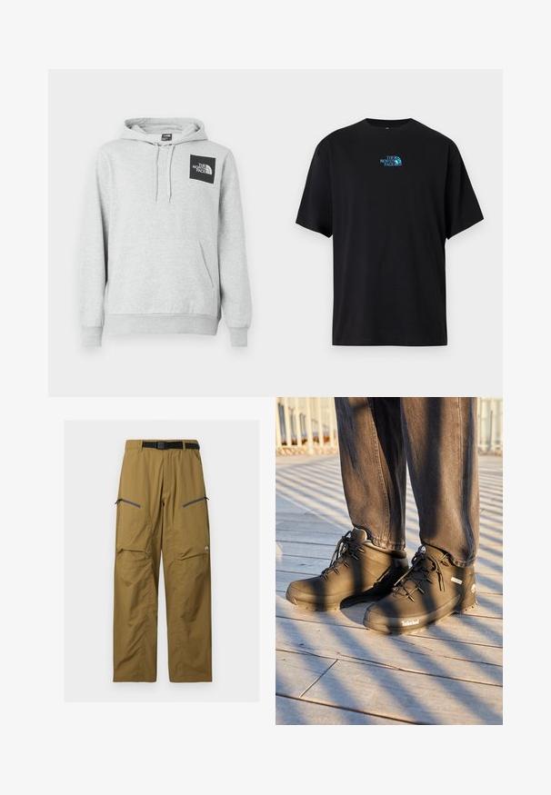 Grauem Hoodie aus Baumwollmischung, mit Kängurutasche, Kordelzugkapuze und einem schwarzen Logopatch auf der Brust.; Schwarzes Baumwoll-T-Shirt mit rundem Ausschnitt und kurzen Ärmeln, mit einem türkisfarbenen "The North Face"-Logo auf der Brust.; Khakifarbene Outdoor-Hose mit schwarzem verstellbarem Gürtel, zwei Reißverschluss-Oberschenkeltaschen und Knie-Nähten, auf einfachem Hintergrund dargestellt.; Schwarze Timberland-Wanderstiefel mit hohem Schaft, strukturierten Oberflächen und runden Schnürsenkeln, vor einem Holzboden-Hintergrund.
