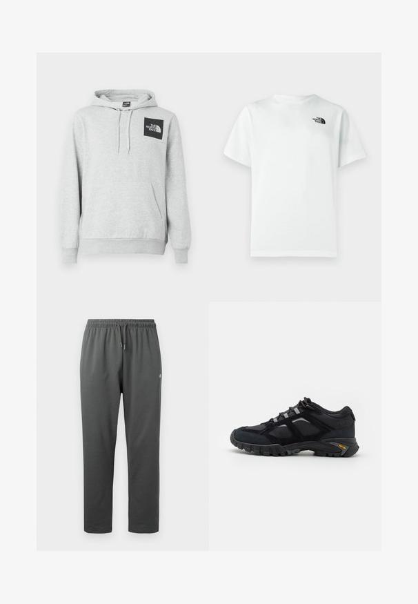 Grijze hoodie van katoenmix, met een kangoeroezak, een capuchon met trekkoord en een zwart logopatch op de borst.; Wit katoenen T-shirt met korte mouwen en een ronde hals, met een klein zwart logo op de linkerborst. Soepele textuur.; Donkergrijze fleece joggingbroek met elastische tailleband en trekkoord, voorzien van een klein logo op de rechterdij.; Zwarte buitenschoen van suede en mesh met een robuuste zool. Voorzien van grijze accenten en Vibram-logo op de zijkant. Vetersluiting.