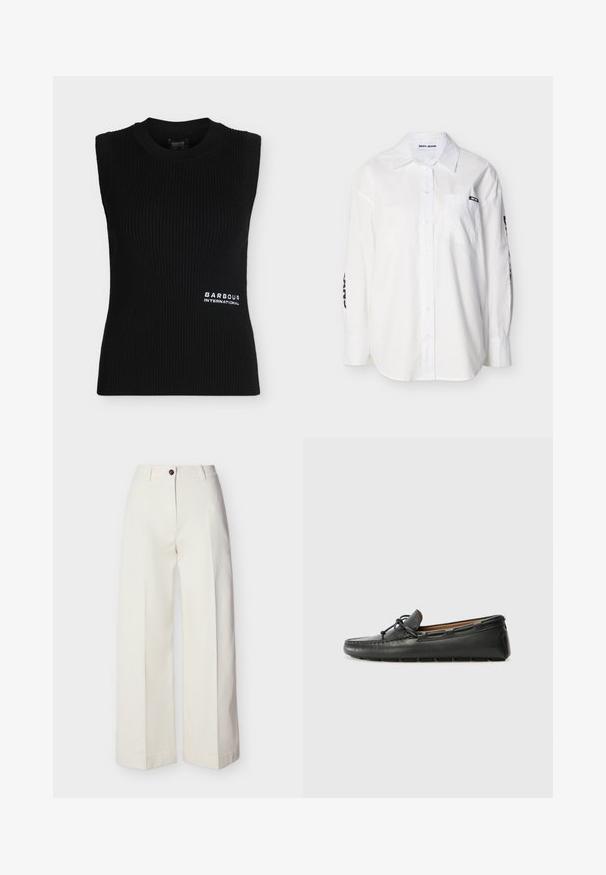 Top noir en maille côtelée sans manches avec encolure ronde et petit logo blanc "Barbour International" en bas à droite à l'avant.; Chemise blanche à manches longues avec col, poche avant, et étiquette noire "DKNY JEANS" sur la poche et les manches.; Pantalon crème taille haute à jambes larges, avec passants de ceinture, fermeture à bouton unique et zip, présenté à plat sur un fond uni.; Bateau en cuir noir avec un bout arrondi, des détails de couture, un petit accent en nœud et une semelle en caoutchouc. Texture lisse et design épuré.