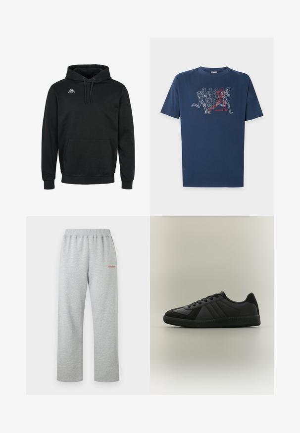 Sort hættetrøje lavet af blødt stof, med en frontlomme, snøre i hætten, ribbede manchetter og et lille hvidt logo på brystet.; Marineblå t-shirt med hvide og røde omrids af figurer, der løber i rækkefølge, og det røde "new balance" logo under designet.; Lysegrå joggingbukser med elastisk talje og lille rød tekst "No Problemo" på det øverste venstre lår.; Lavprofileret sort sneaker med tekstureret sål, snørelukning foran og diskret paneldetaljering, vist i sidevisning på ensfarvet baggrund.