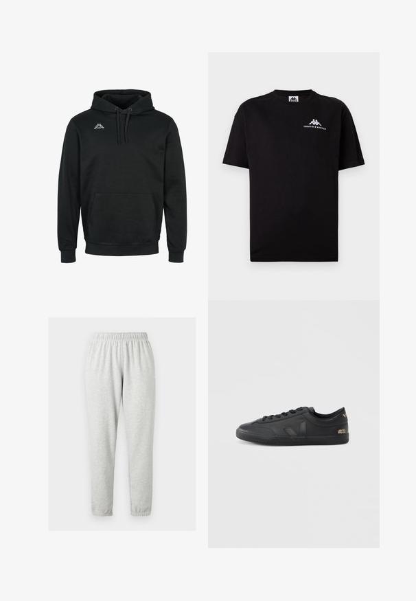 Sort hættetrøje lavet af blødt stof, med en frontlomme, snøre i hætten, ribbede manchetter og et lille hvidt logo på brystet.; Sort T-shirt med korte ærmer og rund hals, med lille hvid Kappa-logo og teksten "Fondato in Italia" på øverste venstre bryst.; Lysegrå, lange sweatpants med elastisk taljebånd og ankelmanchetter, vist på en ensfarvet lys baggrund.; Sorte sneakers i læder med tekstureret overflade, rund tå, snørelukning og diskret branding på siden og hælen.