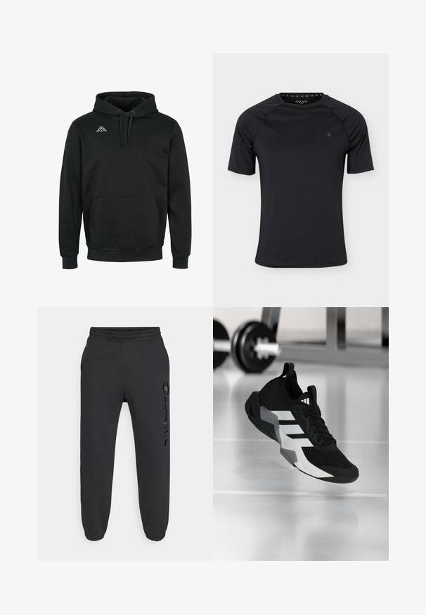 Haut à capuche noir en tissu doux, avec une poche frontale, un cordon de serrage à la capuche, des poignets côtelés et un petit logo blanc sur la poitrine.; T-shirt de sport noir à manches courtes avec col rond et petit logo sur la poitrine gauche, présenté sur un fond clair uni.; Pantalon de jogging noir avec une taille élastique et des poignets élastiques. Présente un léger éclat et un logo texturé sur la jambe gauche.; Chaussure de sport noire avec une tige en mesh, des rayures blanches et des accents gris. Dotée d'un col rembourré et d'une semelle en caoutchouc. Adaptée pour une utilisation en salle de sport.