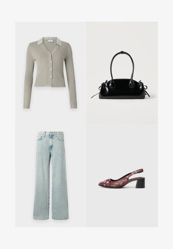 Lys grå ribbede cardigan med krave, lange ærmer og fem knapper foran; tekstureret stof med lodrette striber.; Lysblå vide denim jeans med høj talje, fem lommer og et nederste, der falder til anklerne med frynser.; Bordeauxfarvet læderslippersko med rund tå, buet design, sølvhardwaredetaljer og blokhæl. Tekstureret finish.; Lille sort blank håndtaske med to lange håndtag og snøre-detaljer i siden på en ensfarvet lys baggrund.