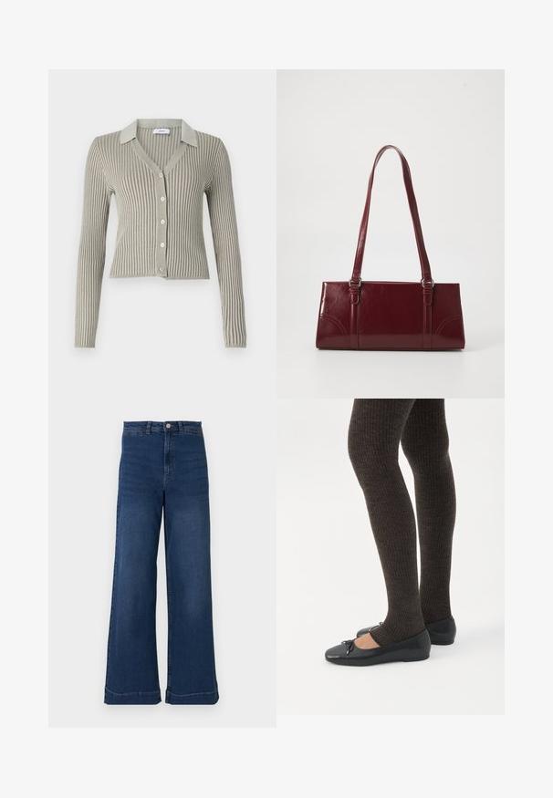 Cardigan côtelé gris clair avec col, manches longues et fermeture à cinq boutons sur le devant ; tissu texturé avec des rayures verticales.; Jean en denim bleu à jambes larges avec une taille haute, présentant une fermeture à bouton à l'avant, cinq poches et des détails de coutures subtils.; Jambes portant des leggings côtelés foncés associés à des ballerines noires avec de petits détails en nœud sur fond blanc.; Sac à main bordeaux en matériau brillant, de forme rectangulaire, avec deux anses et des accents légèrement courbés à l'avant.