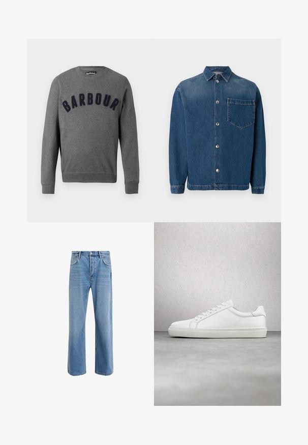 Grauer Sweatshirt mit Rundhalsausschnitt und einem erhabenen, dunkelblauen "Barbour"-Logo auf der Vorderseite. Hergestellt aus weichem Material mit gerippten Bündchen.; Dunkelblaue Denim-Hemd mit Knopfverschluss vorne, Kragen und einer einzelnen Brusttasche. Glatte Textur und klassischer Schnitt. Silberne Knöpfe als Beschläge.; Helle blaue Jeans im Geradeschnitt-Design, mit fünf Taschen, Knopfverschluss, minimaler Ausbleichung und kontrastierenden Nähdetails.; Weißer Sneaker mit glattem Lederobermaterial und niedrigem Profil. Verfügt über eine runde Zehenpartie, sechs Ösen und eine strukturierte Gummisohle.