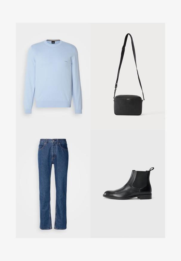 Pull en tricot bleu clair à manches longues, col rond et poignets côtelés. Dispose d'un logo "BOSS" brodé sur la poitrine.; Jean en denim bleu avec une coupe droite, un design à cinq poches et des coutures claires. Comprend une braguette zippée et une fermeture à bouton à l'avant.; Bottine en cuir noir avec des panneaux latéraux élastiques, bout rond et tirette. Texture lisse, semelle plate, design minimaliste.; Sac bandoulière rectangulaire noir avec sangle réglable et logo BOSS sur le devant, sur un fond clair uni.