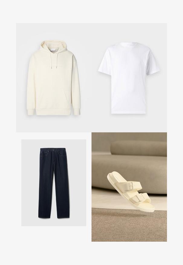 Heller Hoodie in Cremefarbe aus weichem Stoff. Verfügt über eine zentrale Kängurutasche, eine Kapuze mit Kordelzug und ein dezentes Branding auf der Brust.; Weißes kurzärmeliges T-Shirt aus Baumwolle mit Rundhalsausschnitt, das eine glatte Textur und ein einfaches Design ohne Muster oder Akzente aufweist.; Dunkelblaue gerade geschnittene Jeans aus Denim mit Fünf-Taschen-Design, Knopfverschluss und sichtbaren Nähten auf einem schlichten hellen Hintergrund.; Off-white Sandale mit zwei verstellbaren Schnallenriemen, die über einem beigen Teppich und Sofa in einer minimalistischen Innenraumgestaltung schwebt.