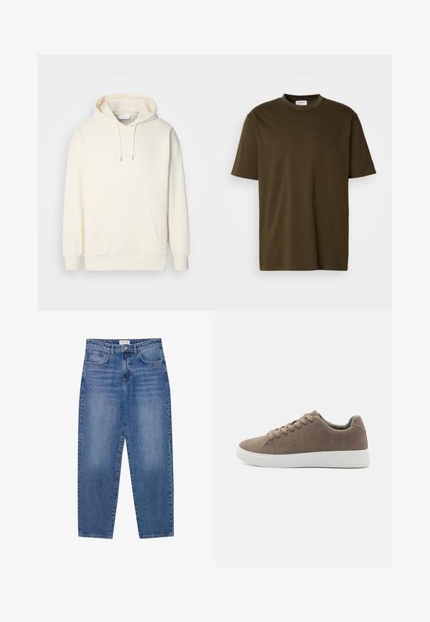Hættetrøje i cremefarve lavet af blødt stof. Indeholder en central kængurulomme, snørelukning ved hætten og diskret branding over brystet.; Simpel olivengrøn T-shirt med korte ærmer og rund halsudskæring, med et synligt hvidt mærke ved halsen, præsenteret på en hvid baggrund.; Blå denim jeans med høj talje, lige ben design og slidte finish. Har fem lommer og en knaplukning.; Brune ruskinds sneakers med flade hvide gummisåler, snørelukning, rund tå og en glat overflade. Minimalistisk stil med diskrete syninger.