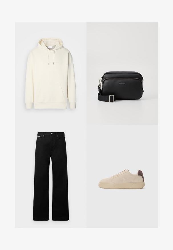 Sudadera con capucha de color crema hecha de tela suave. Cuenta con un bolsillo canguro central, capucha con cordón y una sutil marca en el pecho.; Pantalones de mezclilla negros con un diseño de pierna ancha, que cuentan con cinco bolsillos y herrajes de botón metálico. Textura suave, sin patrones visibles.; Zapatilla de ante beige con punta redondeada, cordones en la parte frontal y un acento de ante marrón en el talón. Cuenta con una suela de goma texturizada.; Bolso bandolera de cuero negro con dos compartimentos con cremallera, acabado texturizado, correa ajustable y acentos de hardware en plata. Logo de Calvin Klein exhibido.