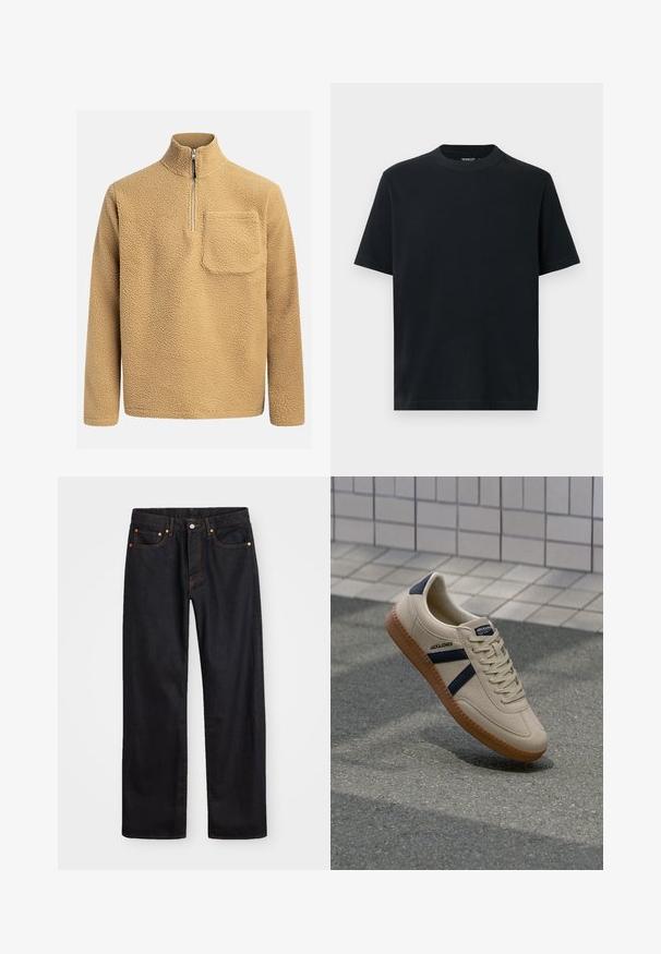 Pull en polaire beige avec un col montant, fermeture éclair sur le devant et une poche poitrine. Tissu texturé avec un aspect doux et confortable.; T-shirt noir à manches courtes avec un col rond, en coton doux. Design simple, sans motifs ni ornements.; Jean en denim noir pour hommes, coupe droite, avec cinq poches et surpiqûres orange, fermeture par bouton et zip à la taille avant.; Baskets beiges avec une finition texturée, bandes navy et semelle en caoutchouc. Équipées d'une languette rembourrée et d'un système de laçage traditionnel pour un maintien sécurisé.