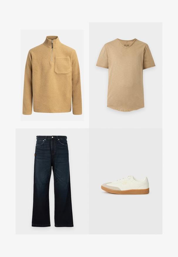 Pull en polaire beige avec un col montant, fermeture éclair sur le devant et une poche poitrine. Tissu texturé avec un aspect doux et confortable.; T-shirt beige homme à manches courtes et col en V, coupe slim et texture subtile, présenté à plat sur fond blanc.; Jeans droit bleu foncé avec un design classique à cinq poches, passants de ceinture et légers détails décolorés à l'avant et aux genoux.; Baskets en cuir blanc avec une coque beige et une semelle en caoutchouc marron clair. Dotées de lacets blancs plats et d'un logo embossé sur le côté.