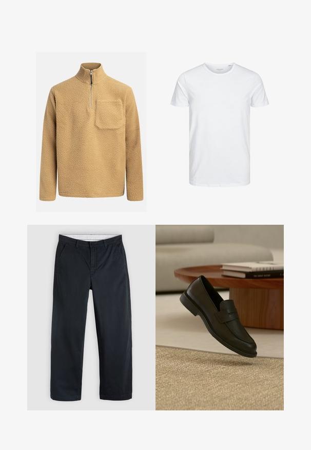 Pull en polaire beige avec un col montant, fermeture éclair sur le devant et une poche poitrine. Tissu texturé avec un aspect doux et confortable.; T-shirt à col rond à manches courtes de couleur blanche unie, fabriqué en coton doux, avec un design simple sans motifs ni accents visibles.; Pantalon bleu marine à jambes droites avec passants de ceinture, poches latérales, fermeture par boutons et braguette zippée sur un fond gris clair.; Chaussure mocassin en cuir noir présentée en suspension au-dessus d'un tapis beige tissé, avec une table en bois et des livres empilés dans un salon doucement éclairé.