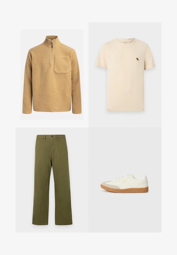 Pull en polaire beige avec un col montant, fermeture éclair sur le devant et une poche poitrine. Tissu texturé avec un aspect doux et confortable.; T-shirt beige à manches courtes avec col rond, petit logo brodé d'orignal marron sur le côté gauche de la poitrine.; Pantalon vert olive en coton, doté d'une coupe droite, d'une fermeture à bouton sur le devant et de passants pour ceinture. Style minimaliste sans motifs.; Baskets en cuir blanc avec une coque beige et une semelle en caoutchouc marron clair. Dotées de lacets blancs plats et d'un logo embossé sur le côté.