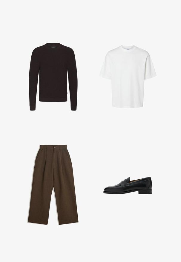 Mørkebrun pullover sweater med rund hals, ribbet tekstur og lange ærmer; har et lille mærke på siden.; Enkel hvid t-shirt med korte ærmer, rund hals og løs pasform vist på hvid baggrund.; Brune, plisserede bukser med et vidde-design, der har en knaplukning og sidelommer, lavet af struktureret stof, der er egnet til afslappet brug.; Sort læder penny loafer med lav hæl, rundet tå og rem over den øverste del af skoen.