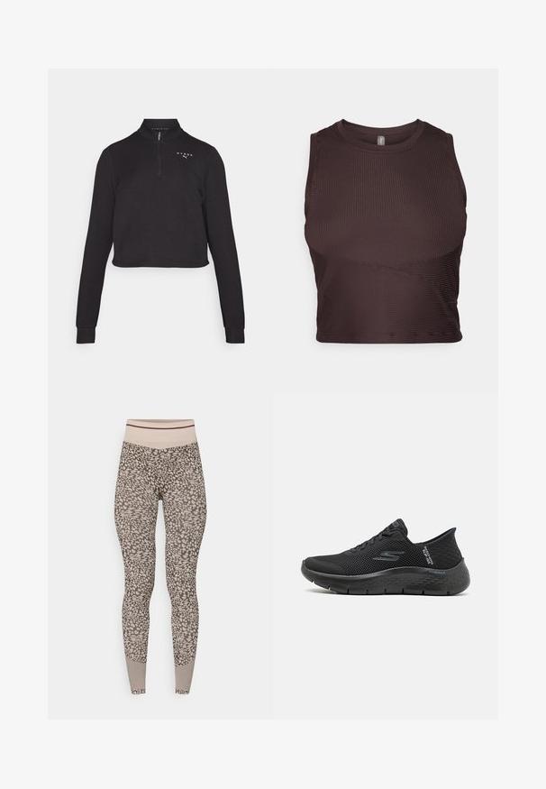 Schwarzer, kurzer Sweatshirt mit hohem Kragen und Viertelreißverschluss. Verfügt über lange Ärmel und ein Logo auf der Brust. Glatte Stofftextur.; Dunkelbraunes, geripptes Crop-Top mit breiten Trägern, rundem Ausschnitt und nahtlosem Design. Verfügt über eine figurbetonte Silhouette und dehnbare Stoffe für maximalen Komfort.; Leggings in einem beige-braunen Tierdruck, mit einem hoch geschnittenen elastischen Bund und strukturierten Musterelementen in der Nähe der Knöchel.; Schwarze Mesh-Wanderschuhe mit strukturiertem Design, Schnürung vorne, gepolsterter Sohle und charakteristischem Logo-Detail an der Seite und Ferse.