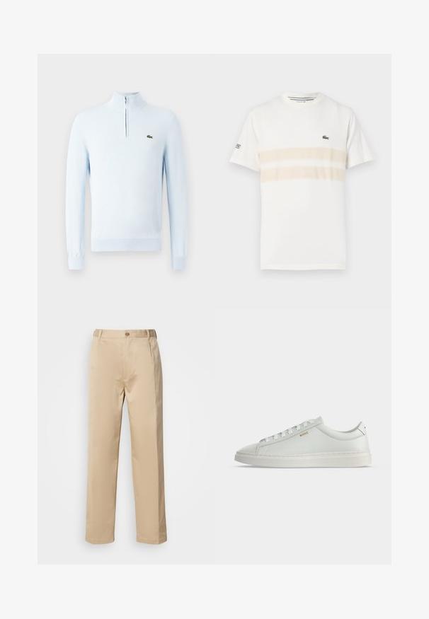 Suéter de punto de manga larga en azul claro con cuello de media cremallera y pequeño logo de cocodrilo verde en el lado izquierdo del pecho.; Camiseta de algodón blanca con dos franjas horizontales beige, pequeño logo bordado en el pecho y cuello redondo. Mangas cortas.; Pantalones beige hechos de una tela ligera, con un diseño de pierna recta, cinturilla con trabillas y un solo botón en la parte frontal.; Zapatilla blanca de cuero de corte bajo con cordones, suela plana y pequeño logo dorado "BOSS" en el lateral, vista desde el lado exterior.