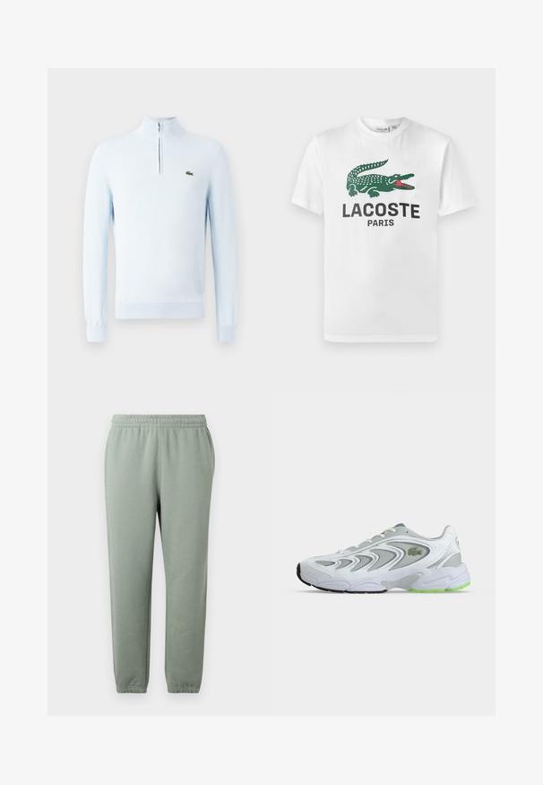 Suéter de punto de manga larga en azul claro con cuello de media cremallera y pequeño logo de cocodrilo verde en el lado izquierdo del pecho.; Lacoste Camiseta estampada - white; Pantalones de chándal verde claro con una cinturilla elástica, piernas ajustadas y puños en los tobillos. Fabricados con un tejido suave y ligero.; Zapatilla deportiva blanca y gris con detalles verdes y logo, paneles de malla y una suela gruesa y acolchada, mostrada de lado sobre un fondo liso.