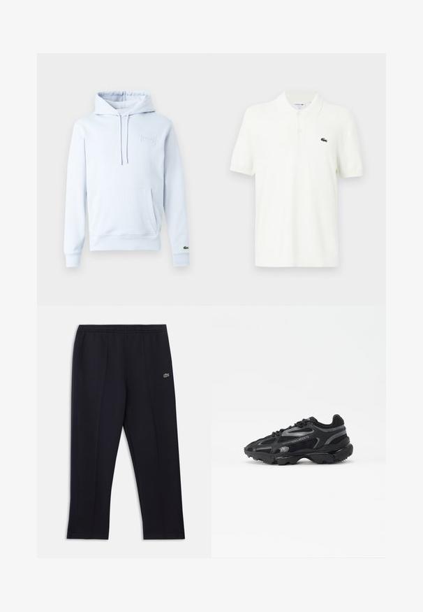 Sweat à capuche bleu clair en tissu doux, doté d'une poche kangourou, de cordons de serrage réglables et d'un logo embossé sur la poitrine.; Polo-shirt blanc en coton lisse avec un col classique, patte de boutonnage à trois boutons et un petit logo crocodile vert sur la poitrine.; Pantalon de sport noir avec poches latérales, ceinture élastique, fines bandes latérales et petit logo crocodile vert sur la hanche droite.; Baskets de sport noires avec tige en mesh et synthétique. Comprend une semelle texturée, des accents réfléchissants et un talon renforcé.