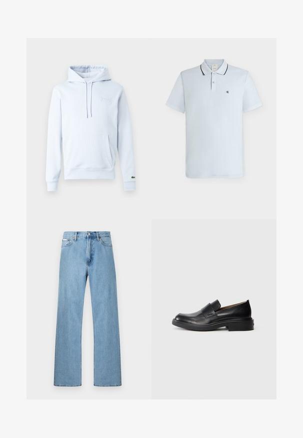 Sweat à capuche bleu clair en tissu doux, doté d'une poche kangourou, de cordons de serrage réglables et d'un logo embossé sur la poitrine.; Polo bleu clair à manches courtes avec deux boutons, bordure noire au col et petit logo « cK » sur la poitrine gauche.; Jean en denim bleu clair coupe droite à cinq poches avec fermeture à boutons à la taille, présenté sur un fond uni.; Chaussure habillée noire en cuir, à enfiler, avec un petit talon et un logo Calvin Klein discret sur le côté, présentée de profil sur un fond blanc.