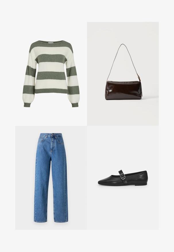 Grøn- og hvidstribet sweater med en afslappet pasform, brede ærmer og ribstrikkede manchetter. Lavet af blødt, tekstureret strikmateriale.; Højtaljede, rette jeans i lyseblå denim. Har knaplukning foran, fem lommer og synlige syninger som detalje.; Sorte læder flade sko med rund tå, et enkelt justerbart spænde og en glat, blank overflade. Minimalistisk design med en lav hæl.; Mørkebrun rektangulær læder skuldertaske med en enkelt tynd rem og spænde i guldton på en ensfarvet baggrund.