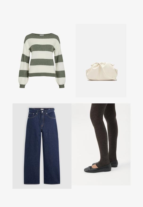 Grøn- og hvidstribet sweater med en afslappet pasform, brede ærmer og ribstrikkede manchetter. Lavet af blødt, tekstureret strikmateriale.; Mørkeblå denim brede ben jeans med høj talje, der har fem lommer, bæltestropper og detaljer med kobber stikninger. Glat tekstur.; Ben iført mørke ribbede leggings kombineret med sorte balletsko med små sløjfedetaljer på hvid baggrund.; Blød, cremefarvet læder clutch taske med samlet, rynket design og en tynd skulderrem, der hviler foran på en ensfarvet baggrund.