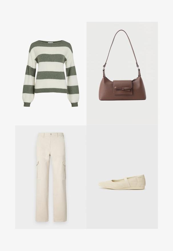 Pull rayé vert et blanc, avec une coupe décontractée, des manches larges et des bords côtelés. Fabriqué en matière tricotée douce et texturée.; Pantalons cargo larges beiges en coton, avec deux poches latérales et une fermeture à boutons. Présente un design épuré et une silhouette droite.; Ballerines beiges avec une exterior en cuir lisse, un bout en forme d'amande et une sangle élastique sur le coup de pied, avec des détails de couture subtils.; Sac à bandoulière en cuir marron avec une poche à rabat avant ornée d'un détail en forme de nœud cousu et une sangle réglable.